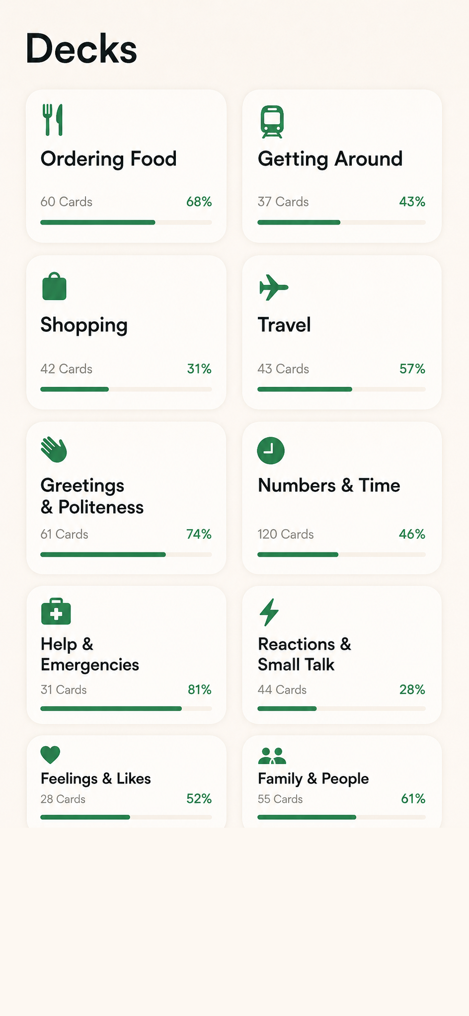 Inku deck library showing practical Japanese topics