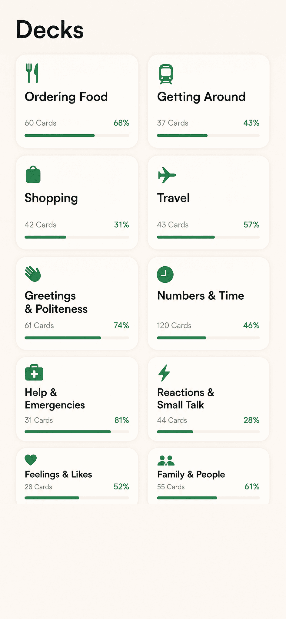 Inku deck library showing practical Japanese topics