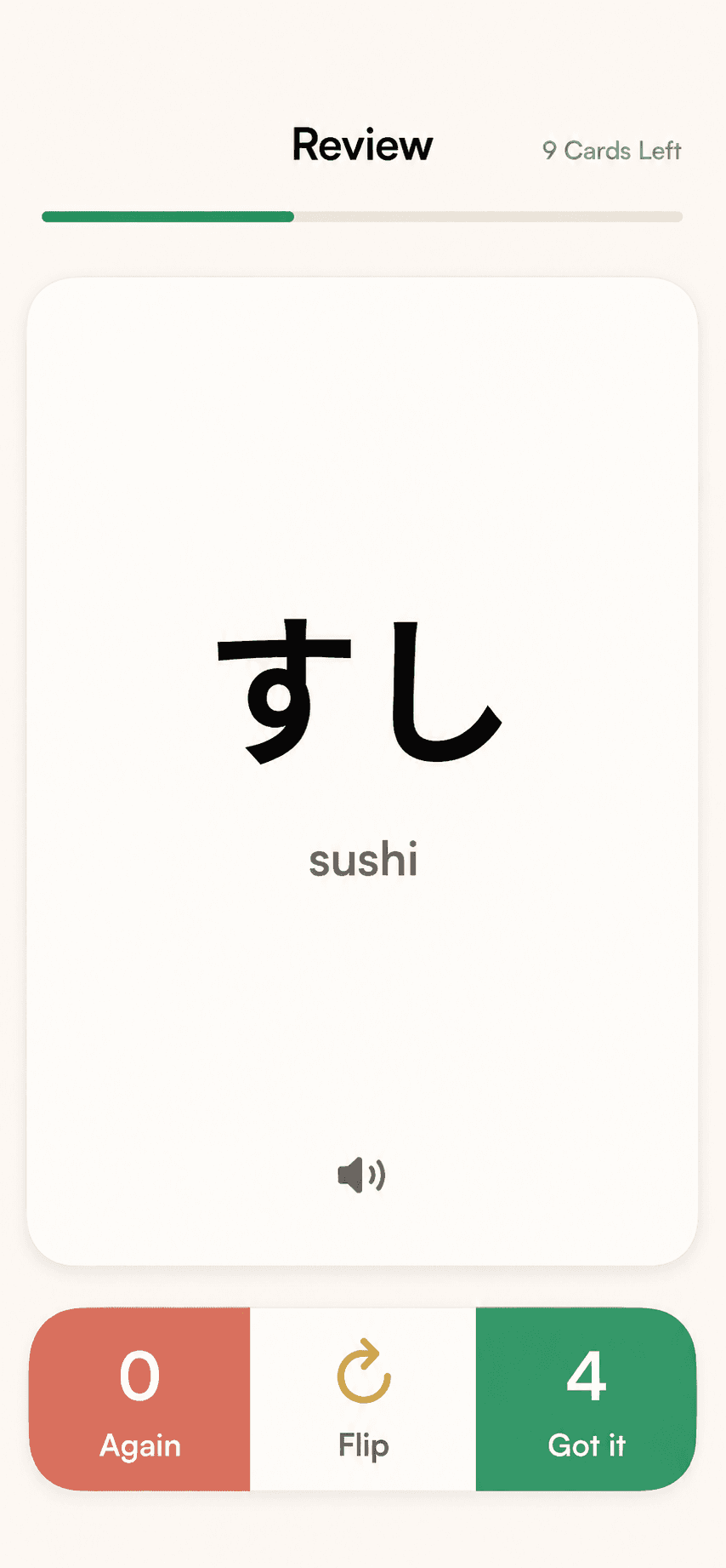 Inku flashcard review screen showing the word sushi