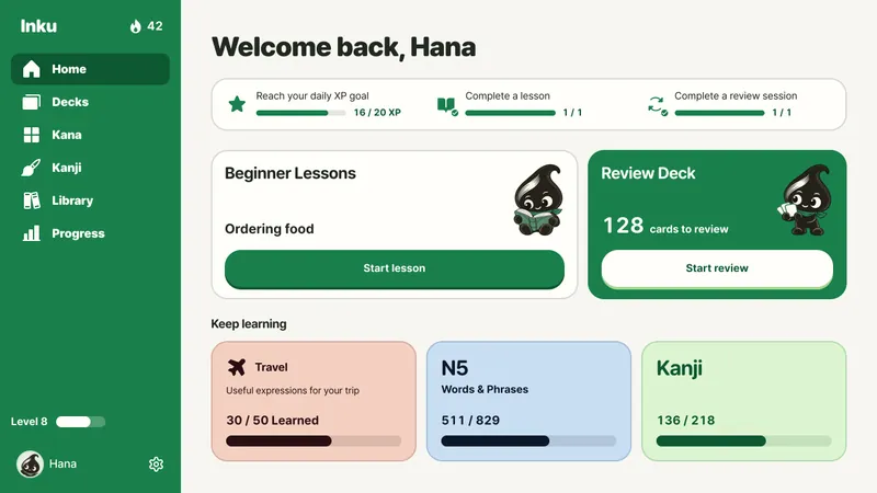 Inku app Home with decks, reviews and study progress