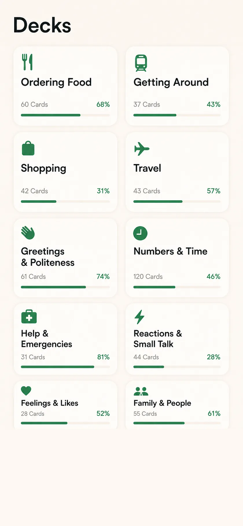 Inku deck library showing practical Japanese topics